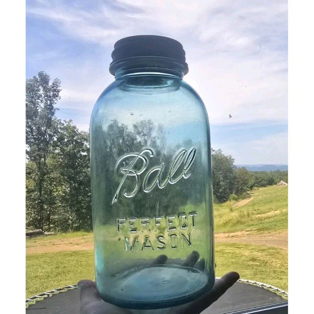 Vintage Ball Perfect Mason Blue Half Gallon Canning Jar #13 W/ Zinc Lid.